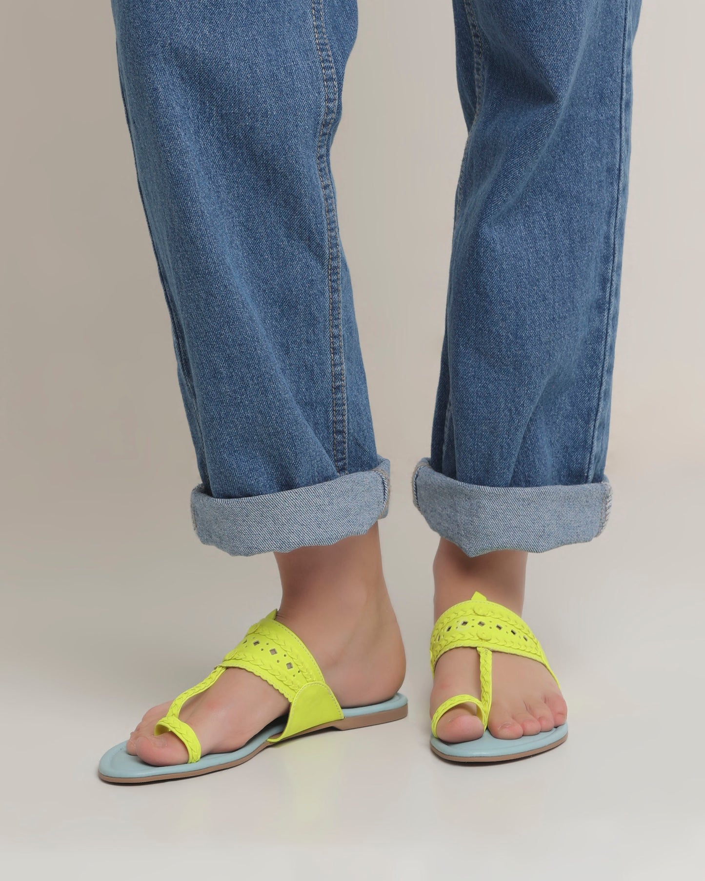 Sky Blue And Neon Yellow Kolhapuri