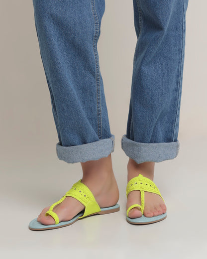Sky Blue And Neon Yellow Kolhapuri