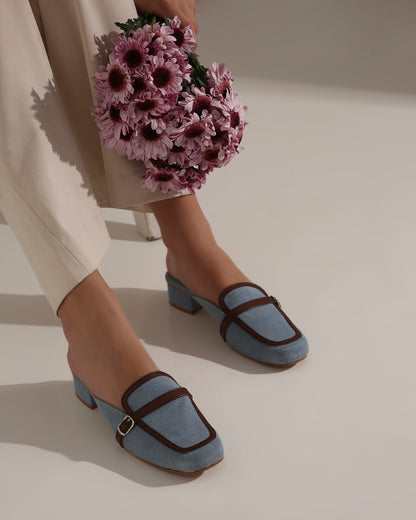 DENIM AND BROWN MULES