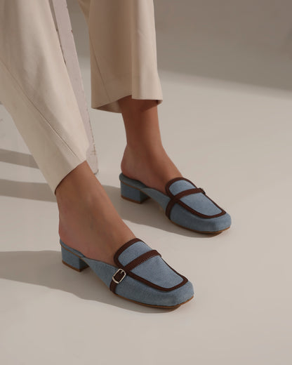 DENIM AND BROWN MULES