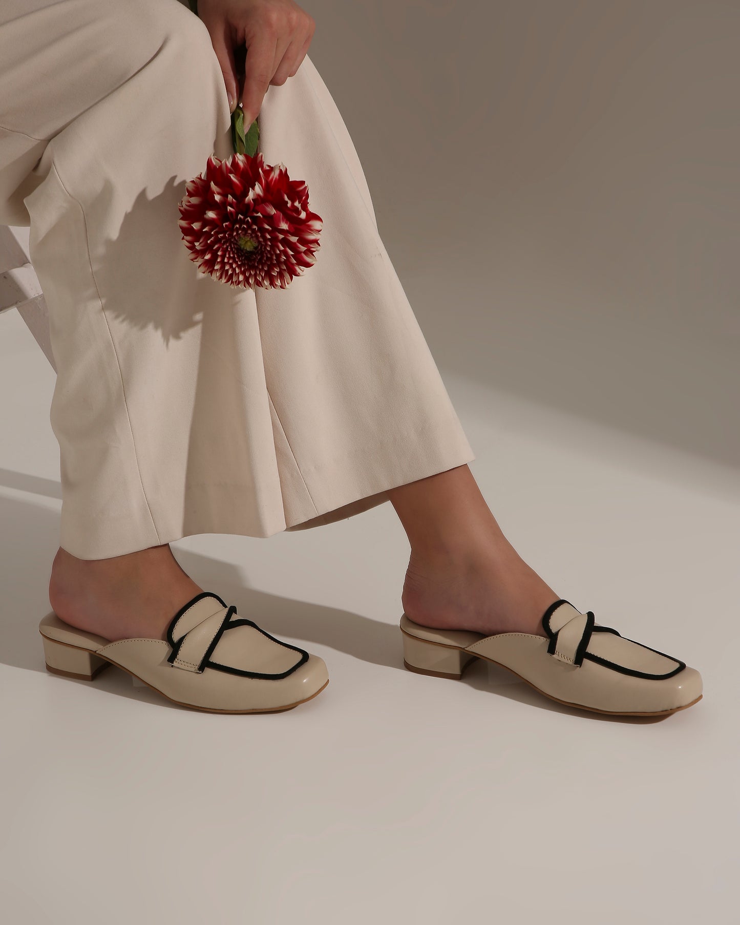 BEIGE AND BLACK MULES