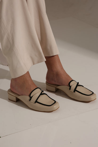 BEIGE AND BLACK MULES
