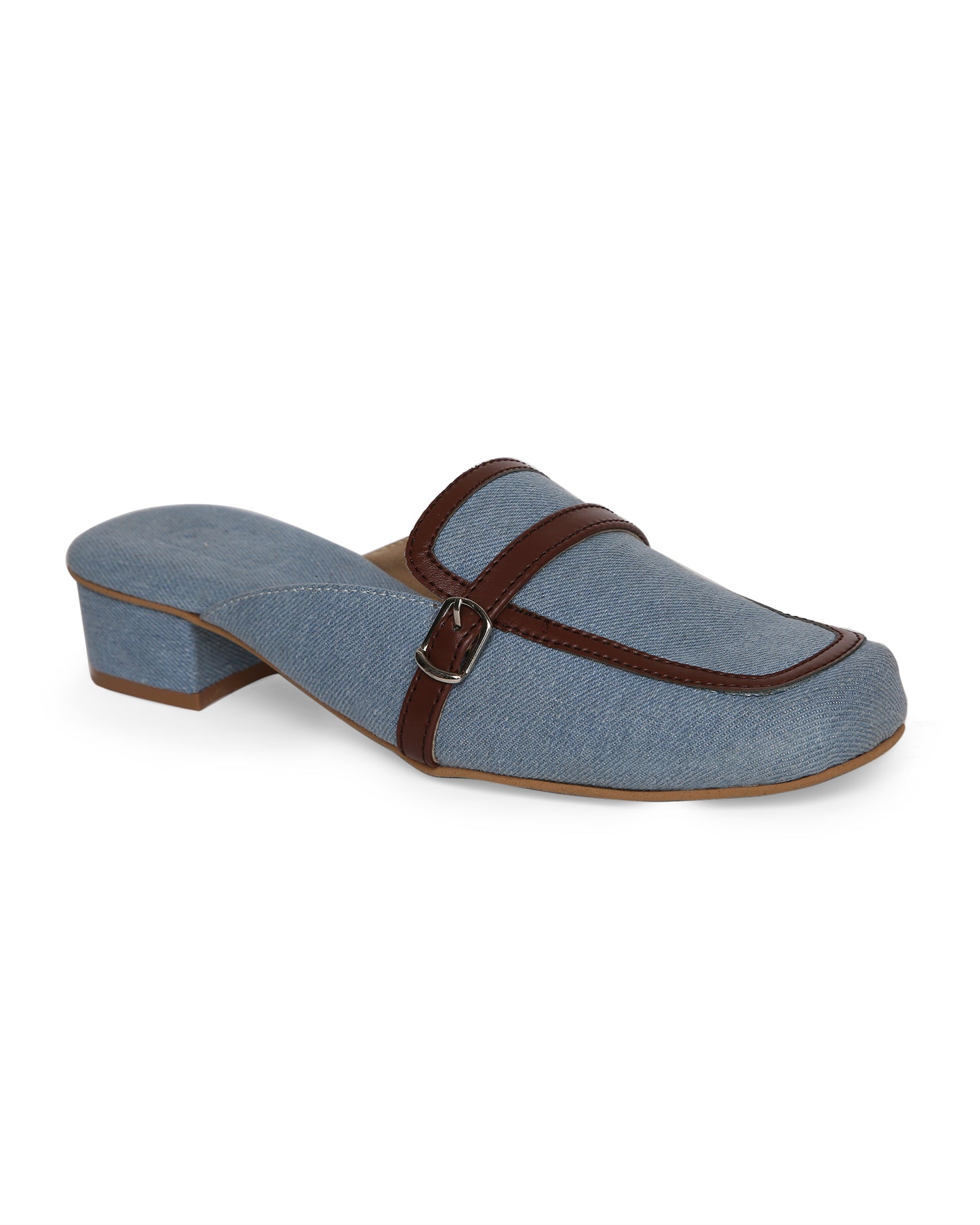 DENIM AND BROWN MULES
