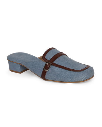 DENIM AND BROWN MULES