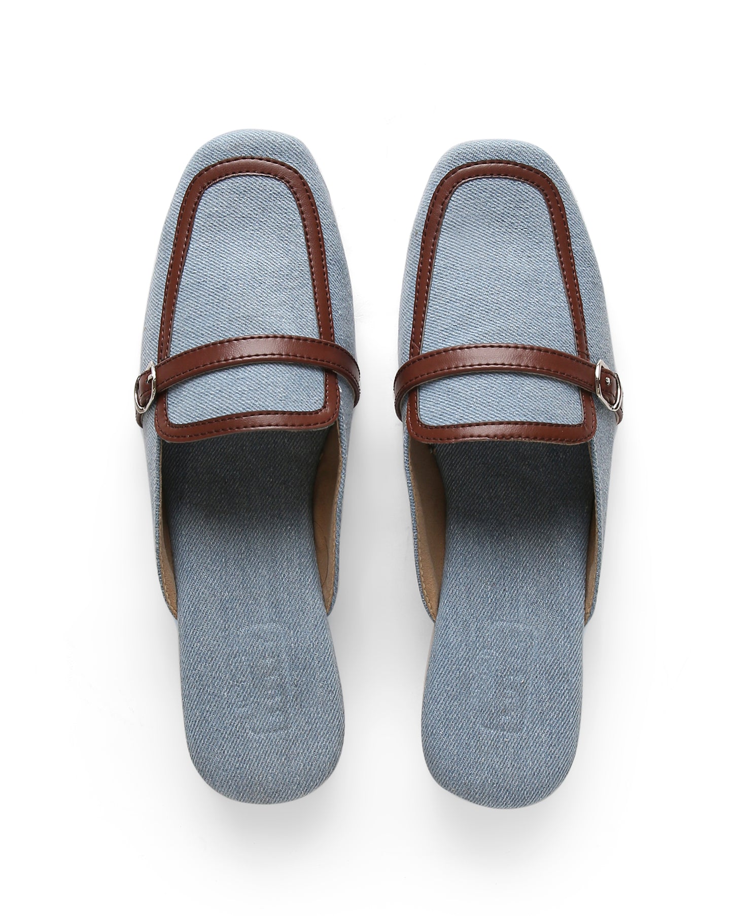 DENIM AND BROWN MULES