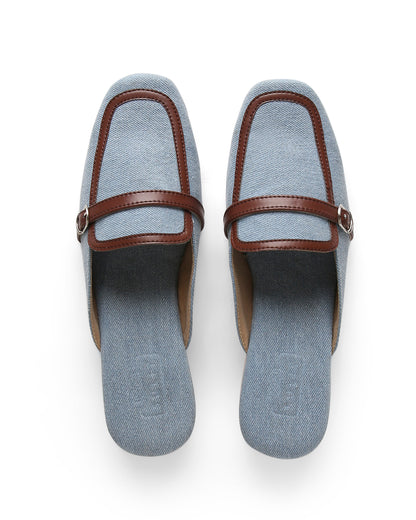 DENIM AND BROWN MULES